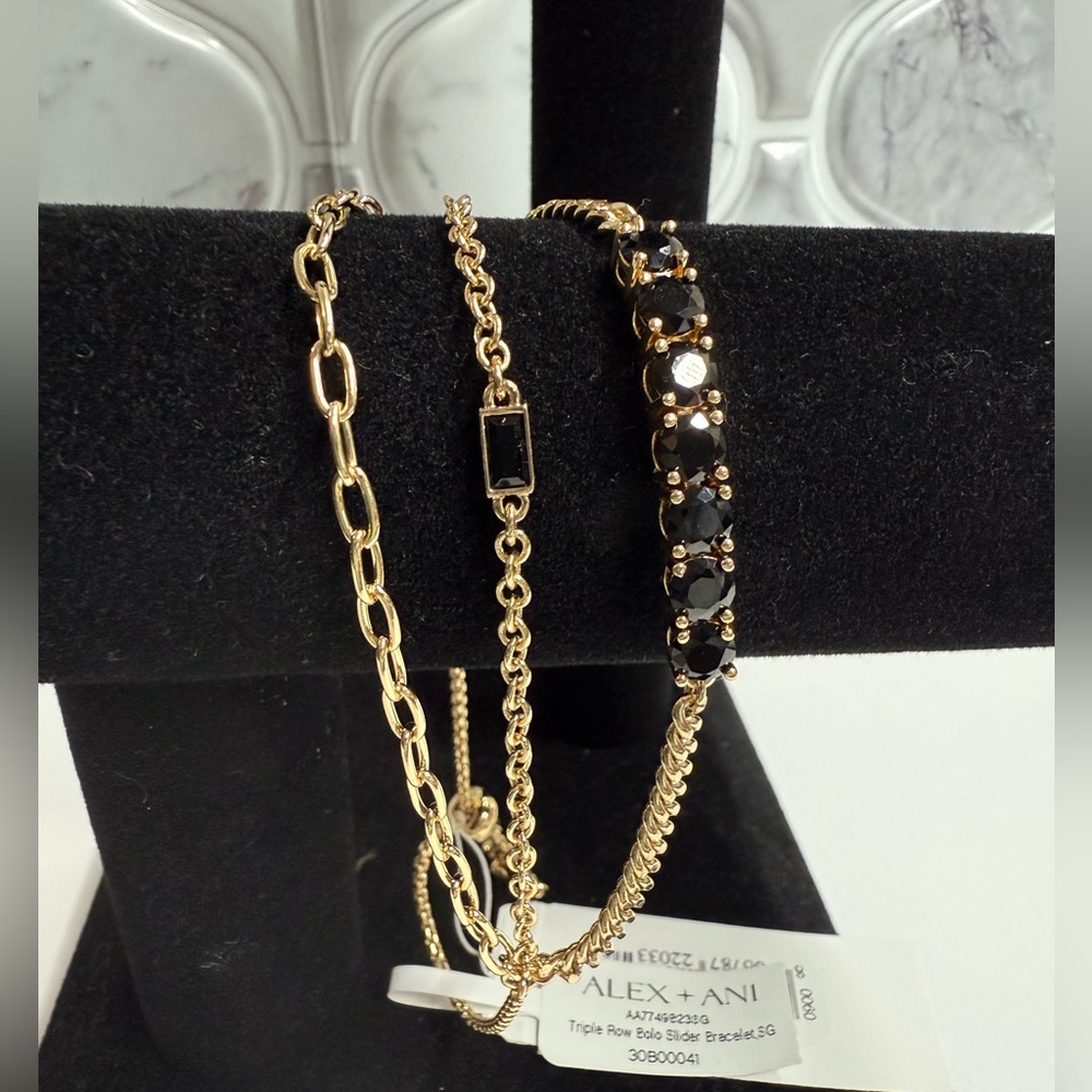 Alex and Ani Triple Row Gold Bracelet with Black Beads - Picture 1 of 4